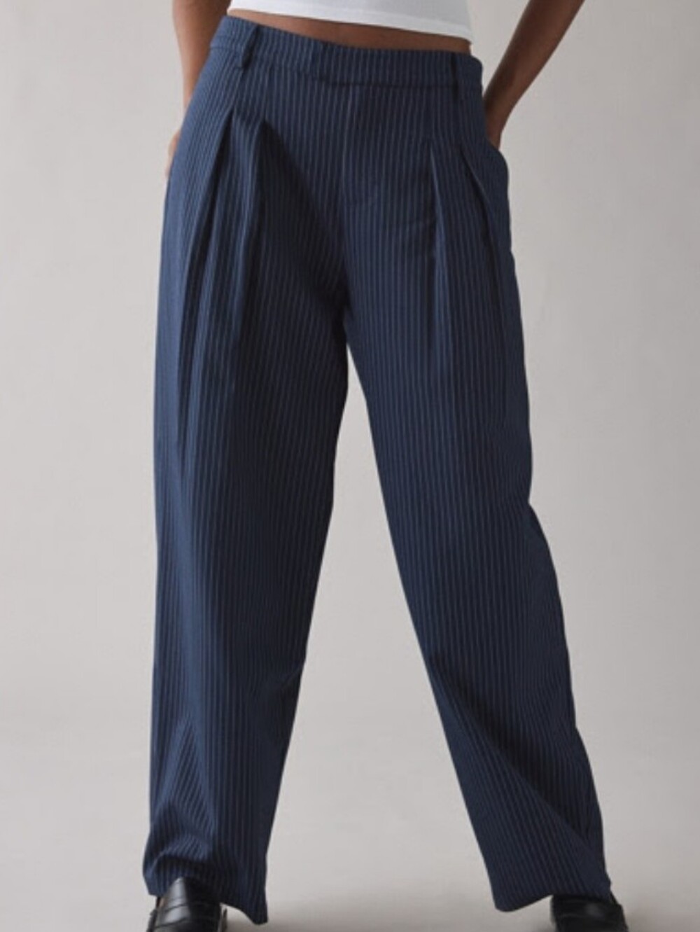 UO Wren Menswear Navy Blue Pinstripe Low-Rise Wide Leg Pants